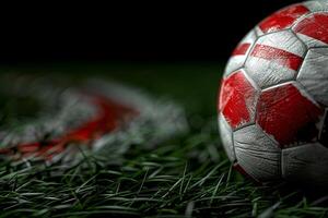 Nahansicht Foto von Fußball Ball Das zeigt an ein Menge von Detail. Sport Hintergrund