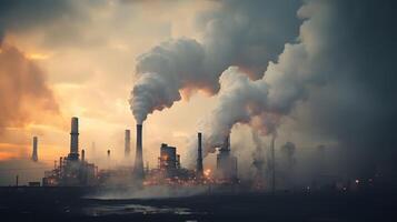 das Konzept von das Problem von Auspuff Gas Emissionen in Atmosphäre durch industriell Unternehmen. Foto zeigt an ein enorm industriell Pflanze und das Menge von Rauch und Emissionen generiert während es ist Betrieb.