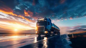 modern LKW auf das Autobahn liefert Ladung. schön Landschaft auf das Hintergrund. Logistik und importieren Export Konzept foto