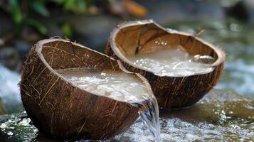 Kokosnuss Wasser serviert im ein ausgehöhlt aus Kokosnuss foto