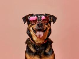 ein schön Hund mit herzförmig Brille sitzt auf ein Beige Hintergrund. lustig, Nahansicht Studio Foto Porträt