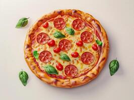 3d Rendern von Peperoni Pizza, mit Kirsche Tomaten und Spinat isoliert auf ein neutral Hintergrund foto