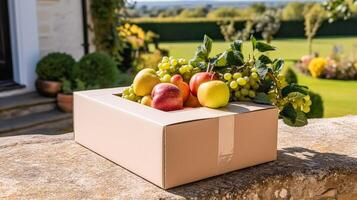 Essen Lieferung, Post- Bedienung und online Lebensmittelgeschäft Einkaufen, Obst Box mit frisch organisch Früchte von ein lokal Bauernhof auf ein Haus Haustür im das Landschaft, foto