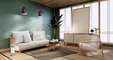 Schrankmodell, minimalistisches Mint-Wohnzimmer, Tatami-Mattenboden und Sesseldesign. 3D-Rendering foto