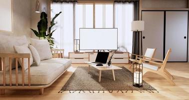 Schrank im Wohnzimmer mit Tatami-Mattenboden und Sofa-Sessel-Design. 3D-Rendering foto