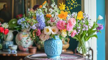 Frühling Blumen im Jahrgang Vase, schön Blumen- Anordnung, Zuhause Dekor, Hochzeit und Florist Design foto