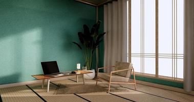 Schrankmodell, minimalistisches Mint-Wohnzimmer, Tatami-Mattenboden und Sesseldesign. 3D-Rendering foto