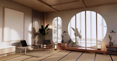 Schrankmodell, minimales Wohnzimmer, Tatami-Mattenboden und Sesseldesign. 3D-Rendering