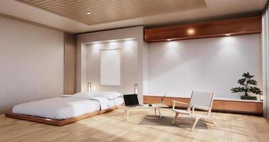 Innenmodell mit Zen-Bettanlage und Dekoartion im japanischen Schlafzimmer. 3D-Rendering. foto