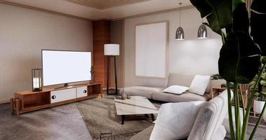 Schrank im Wohnzimmer mit Tatami-Mattenboden und Sofa-Sessel-Design. 3D-Rendering foto