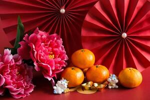 Chinesisch Neu Jahr von das Drachen Festival Konzept. Mandarin orange, rot Umschläge, Drachen und Gold Barren mit rot Papier Fans. traditionell Urlaub Mond- Neu Jahr. foto