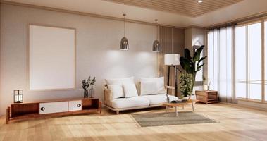 Schrank im Wohnzimmer mit Tatami-Mattenboden und Sofa-Sessel-Design. 3D-Rendering foto