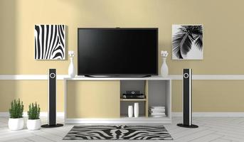 TV auf Schrank im modernen Wohnzimmer auf gelbem Wandhintergrund, 3D-Rendering foto