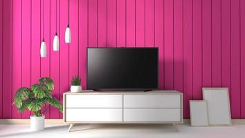 TV auf Schrank im modernen Wohnzimmer auf rosa Wandhintergrund, 3D-Rendering foto