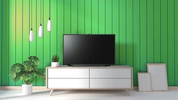 TV auf Schrank im modernen Wohnzimmer auf grünem Wandhintergrund, 3D-Rendering foto