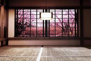 originelles Design - Zimmereinrichtung mit Fensteransicht Sakura-Baum, japanischer Zen-Stil. 3D-Rendering foto