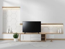 Smart-TV auf dem Schrank im japanischen Wohnzimmer mit Pflanzen auf sechseckigem Wanddesign-Hintergrund, 3D-Rendering foto