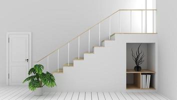 Mock up weißen leeren Raum mit Treppe und Dekoration, moderner Zen-Stil. 3D-Rendering foto