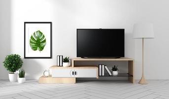 Smart-TV-Modell mit leerem schwarzem Bildschirm, der am Schrank hängt und Ruhm-Dekor, moderner Wohnzimmer-Zen-Stil. 3D-Rendering foto