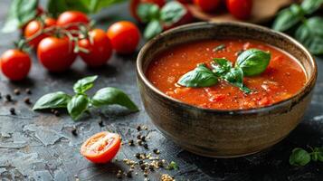 Schüssel von Tomate Soße umgeben durch Tomaten und Basilikum foto