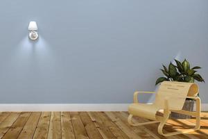 Wohnzimmer mit Holzsofa mit Lampe, Pflanzen auf blauem Wandhintergrund. 3D-Rendering foto