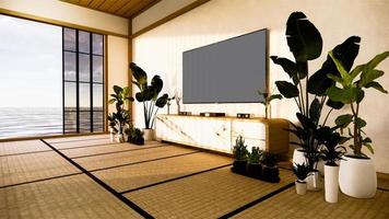 TV-Schrank im japanischen Wohnzimmer auf weißem Wandhintergrund, 3D-Rendering foto