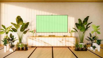 TV-Schrank im japanischen Wohnzimmer auf weißem Wandhintergrund, 3D-Rendering foto