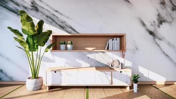 Wohnzimmer Granit weißer Wandhintergrund mit Dekoration im japanischen Stil und Regalwand. 3D-Rendering foto