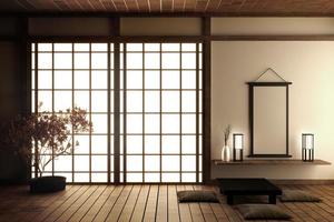 japanisches Wohnzimmer mit Holzboden und weißer Wand mit Dekoration im japanischen Stil, 3D-Rendering foto