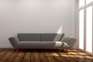 Wohnzimmer mit Sofa, Holzboden auf weißem Wandhintergrund. 3D-Rendering foto