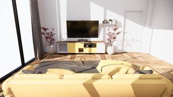 Innenszene mit gelbem Sofa und Dekoration auf Raumminimalismus. 3D-Rendering foto