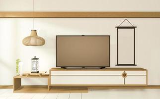 TV-Schrank im tropischen Minzraum Japanisch - Zen-Stil, minimalistisches Design. 3D-Rendering foto