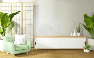 Sessel und Schrank im japanischen Wohnzimmer auf weißem Wandhintergrund, 3D-Rendering foto
