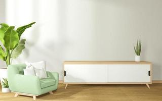 Sessel und Schrank im japanischen Wohnzimmer auf weißem Wandhintergrund, 3D-Rendering