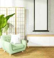 Sessel und Schrank im japanischen Wohnzimmer auf weißem Wandhintergrund, 3D-Rendering
