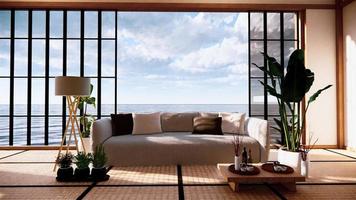 Sofa auf leerem Raum japanisches Design auf Tatami-Matte, 3D-Rendering foto