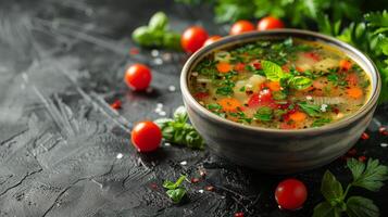 Schüssel von Suppe mit Tomaten und Petersilie foto