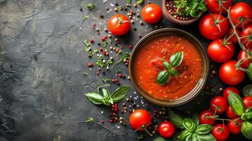 Schüssel von Tomate Soße umgeben durch Tomaten und Basilikum foto