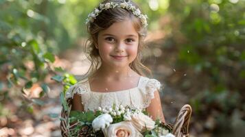 jung Mädchen im Hochzeit Kleid halten Korb von Blumen foto