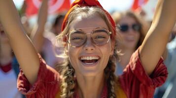 Frau tragen Brille und rot Hut foto