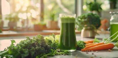 Grün Smoothie mit Möhren auf Tabelle foto