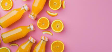 Gruppe von Orangen mit Flaschen von Saft foto