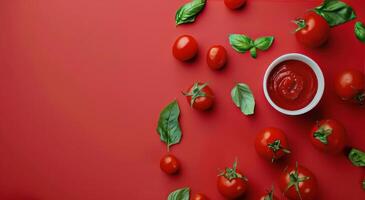 Schüssel von Tomate Soße umgeben durch Tomaten und Blätter foto