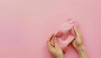 zwei Hände halten Rosa Stoff auf Rosa Hintergrund foto