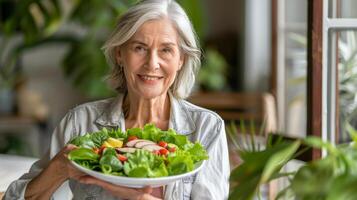 Alten Frau halten Teller von Salat foto