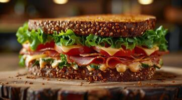 köstlich Sandwich mit Fleisch, Kopfsalat, und Tomaten foto