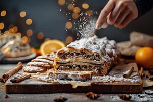 Person Prise Zucker auf Gebäck auf Schneiden Tafel foto