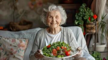 Alten Frau halten Teller von Salat foto