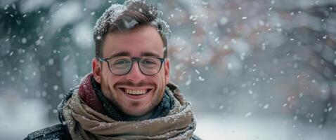 Mann tragen Brille und Hut im Schnee foto