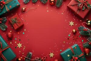 rot Weihnachten Hintergrund mit die Geschenke und Kiefer Zapfen foto